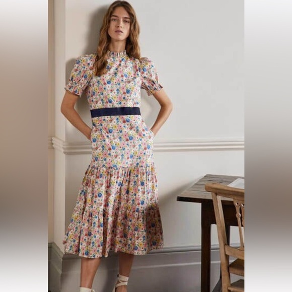 BODEN Frill Neck Tiered Midi Dress Sz 10R - Picture 4 of 6